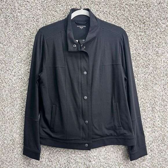 Eileen Fisher Jacket Women’s Medium Black Stand Collar Snap Button Front Shirt N - Picture 1 of 9